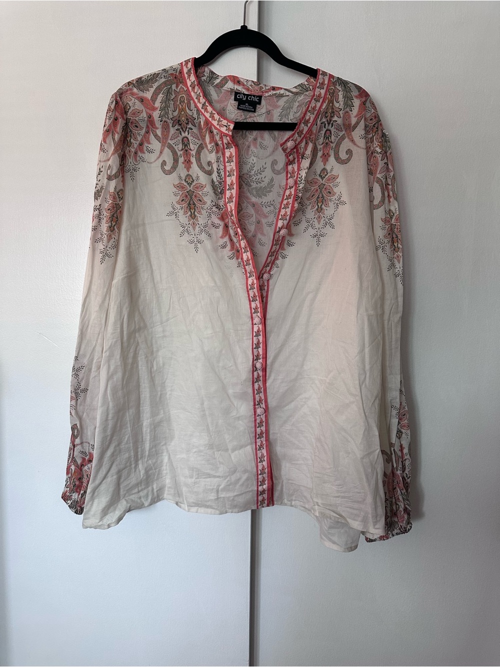 City Chic White & Pink Floral Peasant Blouse size xl